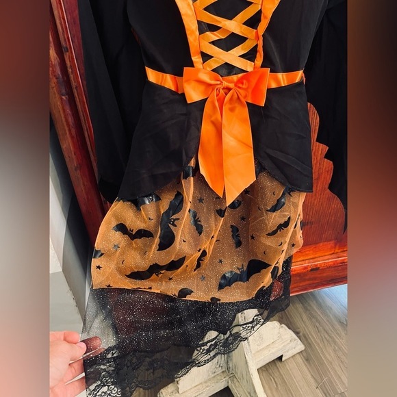 Witch Costume Halloween Dress Up Cosplay Orange Black Bats Girls - Picture 4 of 12